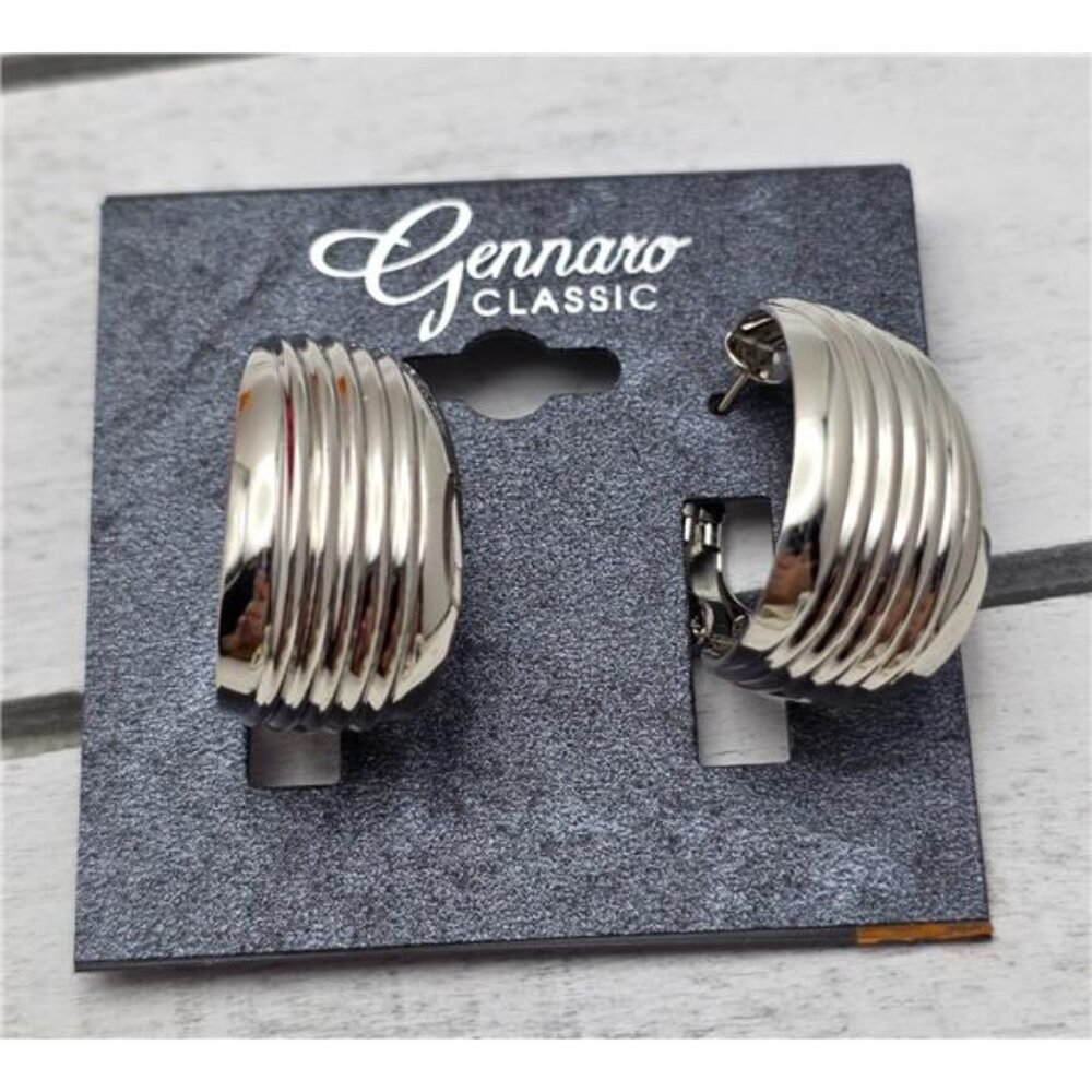 Gennaro Classic Silver Tone Textured Oval Hoop Earrings 25mm x 13mm Pierced